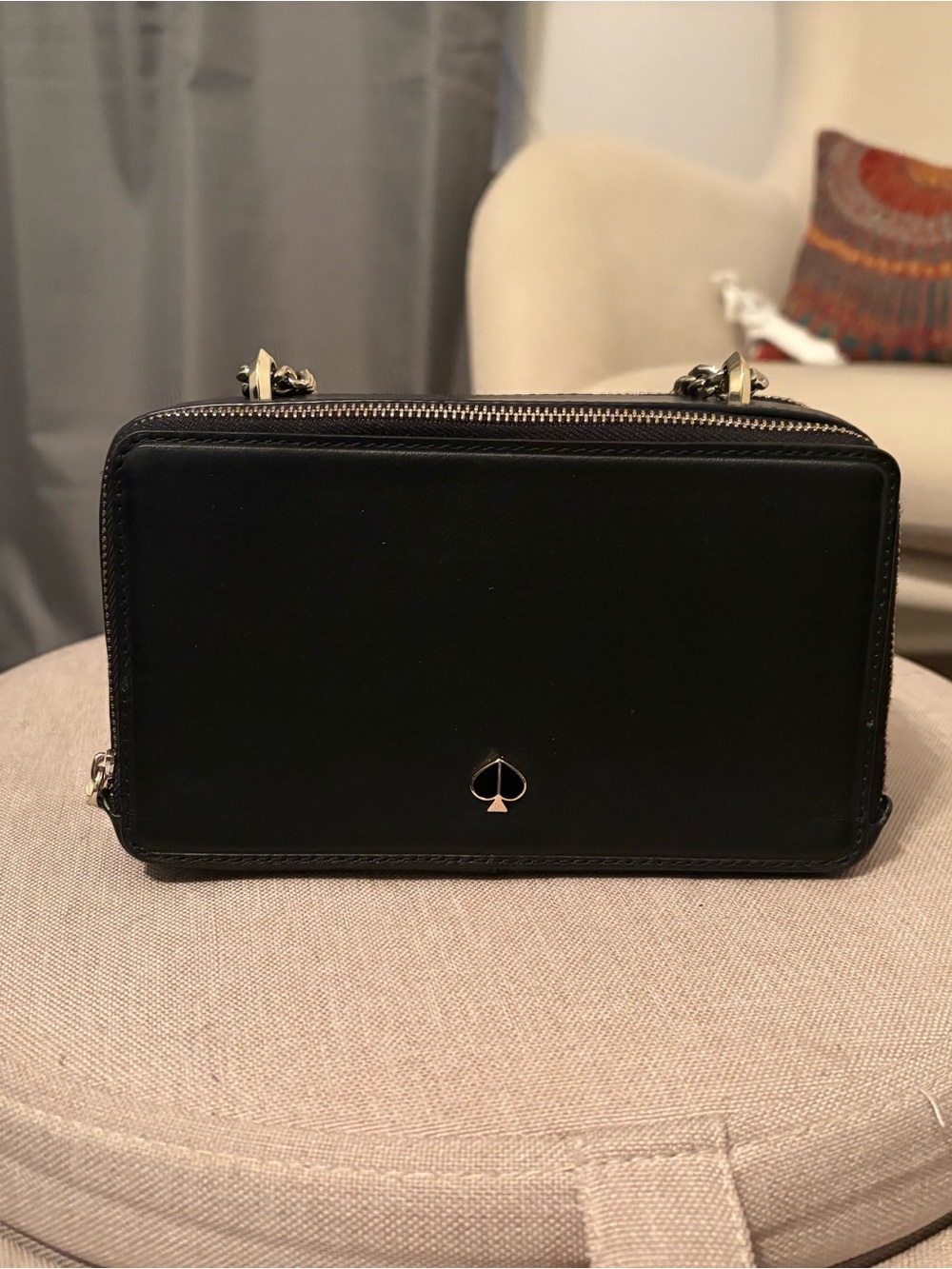 kate spade Black Leather Double-Zip Crossbody with Gold Spade Accent